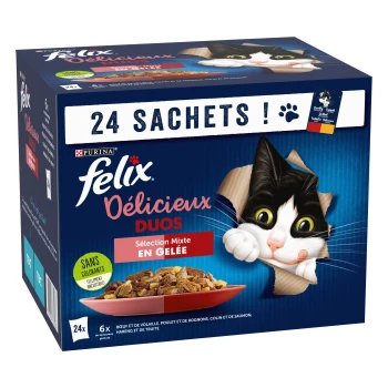 Boîte de nourriture Purina Felix avec chat noir et blanc qui regarde, texte «24 SACHETS !», «Délicieux DUOS», «Sélection Mixte EN GELÉE».