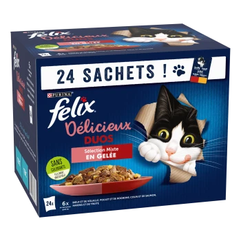 Boîte de nourriture Purina Felix avec chat noir et blanc qui regarde, texte «24 SACHETS !», «Délicieux DUOS», «Sélection Mixte EN GELÉE».