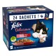 Boîte de nourriture Purina Felix avec chat noir et blanc qui regarde, texte «24 SACHETS !», «Délicieux DUOS», «Sélection Mixte EN GELÉE».