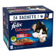 Boîte de nourriture Purina Felix avec chat noir et blanc qui regarde, texte «24 SACHETS !», «Délicieux DUOS», «Sélection Mixte EN GELÉE».