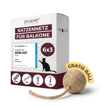 PiuPet-Box für Balkon-Katzennetz mit Aufschrift „KATZENNETZ FÜR BALKONE“ 6x3, Bewertung „SEHR GUT“ und „GRATIS BALL“ mit geflochtenem Spielball