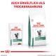 Verpackung für Royal Canin Veterinär-Katzenfutter mit Optionen für Gewichtsmanagement bei Nass- und Trockenfutter, mit deutschem Text: "Auch als Trockenfutter erhältlich."