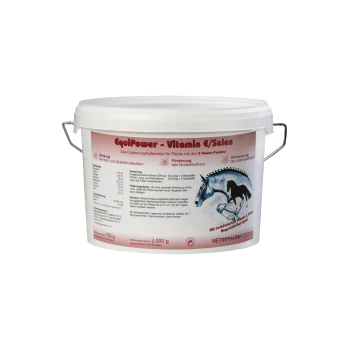 Behälter mit EquiPower Vitamin E/Selen für Pferde, mit Dosierungsanweisungen und Vorteilen für Muskelentwicklung und Herzgesundheit.