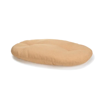 Een ronde, pluche huisdierbed in een lichtbeige kleur met een subtiel visgraatpatroon, ontworpen voor comfort en ontspanning.