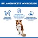 Hond met kom onder kop 'BELANGRIJKSTE VOORDELEN' en Nederlandse voordelen voor spieren, hart/nieren en spijsvertering