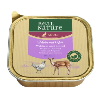 Real Nature Adult Haustierfutterdose, mit "Huhn mit Wild" in Deutsch, Französisch und Spanisch, mit Illustrationen eines Huhns und eines Rehs.