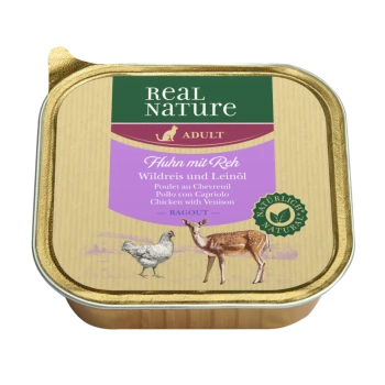Boîte de nourriture pour animaux Real Nature Adult, présentant "Poulet avec du gibier" en allemand, français et espagnol, avec des illustrations d'un poulet et d'un cerf.