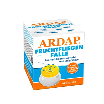 ARDAP Obstfliegenfalle Verpackung zeigt eine gelbe Falle mit blauen Fliegen und Text über die Reduzierung von Obst- und Essigfliegen, die bis zu 6 Wochen hält.