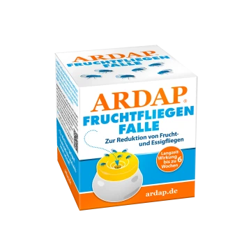 ARDAP Obstfliegenfalle Verpackung zeigt eine gelbe Falle mit blauen Fliegen und Text über die Reduzierung von Obst- und Essigfliegen, die bis zu 6 Wochen hält.