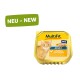 Verpackung für Katzenfutter mit einem goldenen Behälter, der mit "MultiFit Pâté Adult" beschriftet ist und ein Bild einer roten Katze zeigt, mit dem Hinweis "mit Huhn und Milchstückchen."