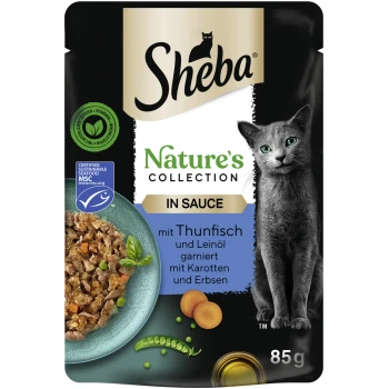 Nature's Collection 28x85g Thunfisch Sheba Nature's Collection Katzenfutterbeutel, 85 g, mit Thunfisch in Sauce mit Karotten und Erbsen, garniert mit Leinsamenöl.