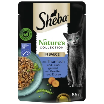 Sheba Nature's Collection Katzenfutterbeutel, 85 g, mit Thunfisch in Sauce mit Karotten und Erbsen, garniert mit Leinsamenöl.