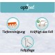 Bild zeigt das "optipet" Logo und drei Icons mit deutschem Text: "Tiefenreinigung," "Kräftigt das Fell," und "Fellpflege."