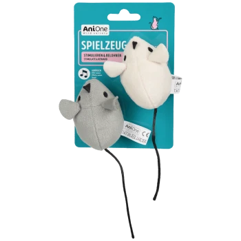 Zwei Plüsch-Katzenspielzeugmäuse, eine grau und eine weiß, auf blauer AniOne-Verpackung mit der Aufschrift „Spielzeug“ und „Stimulate & Reward“.