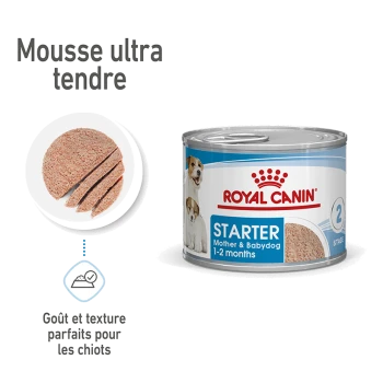 Boîte de nourriture pour chiens Royal Canin Starter pour mères et chiots, avec une mousse ultra-tendre, idéale pour les chiots de 1 à 2 mois.