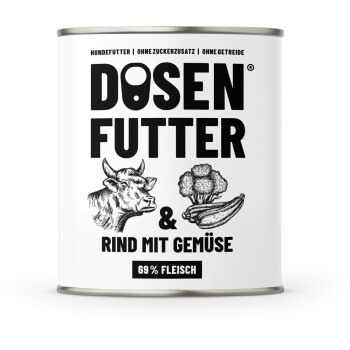 Dose Hundefutter mit der Aufschrift 'Dosenfutter & Rind mit Gemüse', mit einer Kuh und Gemüse, mit '69 % Fleisch' deutlich sichtbar.