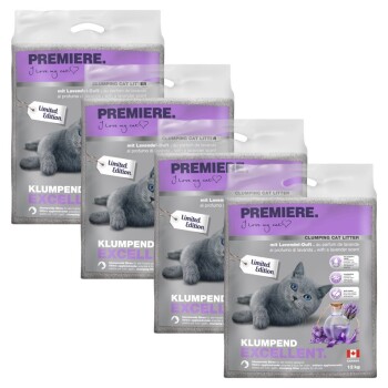 Cztery torby żwirku dla kotów Premiere z lawendowym zapachem, z szarym kotem na opakowaniu i oznaczone jako "Edycja Limitowana."