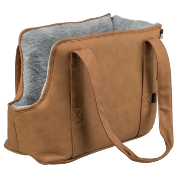 Beige Haustiertrage mit einem weichen grauen Innenraum, mit zwei stabilen Griffen für einfachen Transport.
