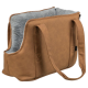 Beige Haustiertrage mit einem weichen grauen Innenraum, mit zwei stabilen Griffen für einfachen Transport.