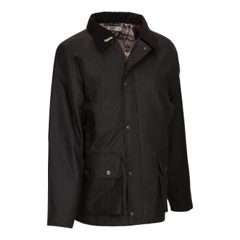 Dunkelbraune gewachste Baumwolljacke für Herren mit Cordkragen und kariertem Futter, mit Druckknopftaschen und Frontverschluss.