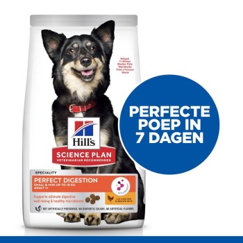 Hondenvoerzak met een blije zwart-witte hond, gelabeld 'Hill's Science Plan Perfecte Spijsvertering,' met de tekst 'Perfecte Poep in 7 Dagen.'