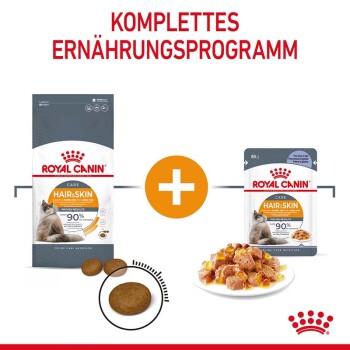 Royal Canin Hair & Skin Haustierfutterpackung mit Trockenfutter und Nassfutter, mit dem Text 'Komplettes Ernährungsprogramm' und 'Proven Results'.