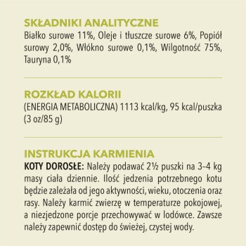 Informacje żywieniowe dla karmy dla kotów: 11% białka, 6% tłuszczu, 75% wilgoci, 1113 kcal/kg, instrukcje karmienia dla dorosłych kotów.