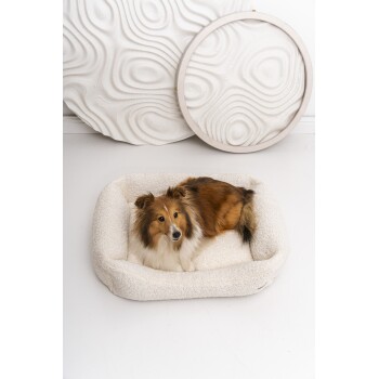 Ein flauschiger Collie-Hund ruht sich in einem gemütlichen, cremefarbenen Haustierbett aus, mit strukturiertem weißen Wanddekor im Hintergrund.