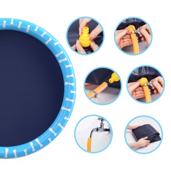 Bild einer blauen Haustierkühlmatte mit Knochenmuster, mit Schritt-für-Schritt-Anleitungen für die Einrichtung und den Schlauchanschluss.