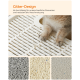 Katzenpfoten auf einer weißen Katzenstreu-Matte mit einem Gitterdesign, mit drei Arten von Katzenstreu-Proben darunter: grau, beige und hellgrau.