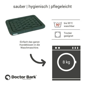 Grünes Hundebett von Doctor Bark, maschinenwaschbar bis 95°C, für den Trockner geeignet, mit Text, der die einfache Reinigung bewirbt.