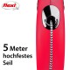 Rote, einziehbare Hundeleine mit einem 5 Meter langen Hochleistungsseil, mit dem Markenlogo "flexi" oben.