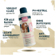 Hundeshampoo-Flasche mit einem Hundebild, mit dem Text: 'PH-neutral, geeignet für alle Rassen, duftfrei, juckreizhemmend, leicht kämmbar.'