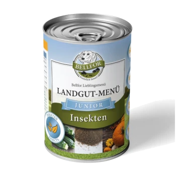 Dosen-Haustierfutter mit der Aufschrift 'Bellfor Landgut-Menü Junior Insekten', mit einem Hundelogo und Bildern von Gemüse und Getreide auf dem Etikett.