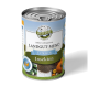 Dosen-Haustierfutter mit der Aufschrift 'Bellfor Landgut-Menü Junior Insekten', mit einem Hundelogo und Bildern von Gemüse und Getreide auf dem Etikett.