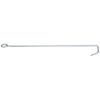 Een lange, zilveren metalen stake met een lusvormige uiteinde en een gebogen punt, gebruikt om voorwerpen buiten te beveiligen.