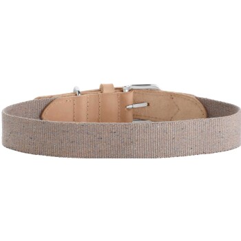 Ein hellbraunes Haustierhalsband aus gewebtem Stoff mit einer Leder-Schnalle und einem Riemen, das ein einfaches und langlebiges Design zeigt.