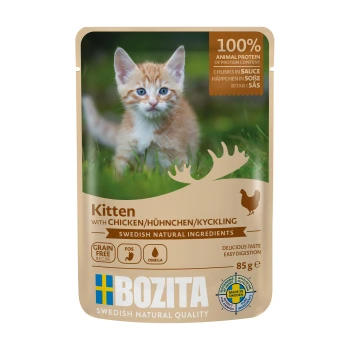 Katzenfutterbeutel mit Stückchen in Sauce mit Huhn, beschriftet mit "Getreidefreies Rezept" und "Schwedische natürliche Zutaten", 85g.