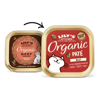 Zwei Katzenfutterbehälter von Lily's Kitchen, mit "Bio-Rindfleisch-Dinner" und "Bio-Pâté Rindfleisch," die vollständige Ernährung hervorheben.