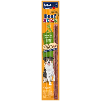 Vitakraft Beef Stick für Hunde, mit einem lächelnden Hund, mit Text, der "85% Fleisch + zusätzliche Vitamine" und "Kein Zucker hinzugefügt" hervorhebt.