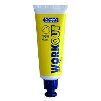 WorkOut Snack Käse 100g Gelbe Tube von Dr. Clauder's "WORKOUT" Hundesnack, mit dem Text "Natürlich LECKER KÄSE!" und einem blauen Deckel.
