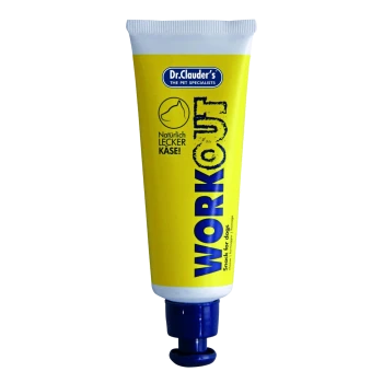 Gelbe Tube von Dr. Clauder's "WORKOUT" Hundesnack, mit dem Text "Natürlich LECKER KÄSE!" und einem blauen Deckel.