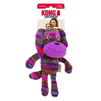 Colorful plush dog toy with a smiling face, featuring stripes in purple, pink, and orange. Packaging labeled "KONG Yanimals."