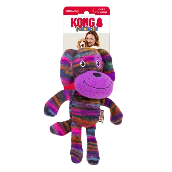 Colorful plush dog toy with a smiling face, featuring stripes in purple, pink, and orange. Packaging labeled "KONG Yanimals."