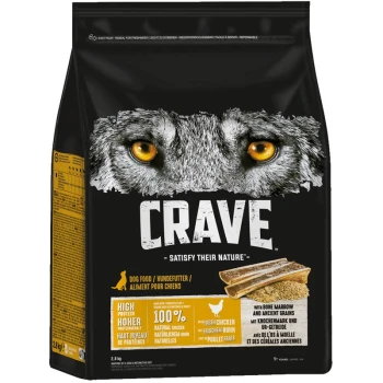 Sac de nourriture pour chien noir présentant le visage d'un loup avec des yeux orange, étiqueté "CRAVE" et "Satisfy Their Nature," mettant en avant une haute teneur en protéines et du poulet frais.