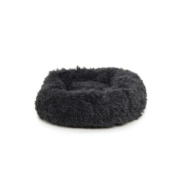 Gemütliches, rundes, dunkelgraues Haustierbett mit einer flauschigen Textur, entworfen für Komfort und Wärme.