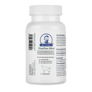 Weißer Behälter von Dr. Höler DiarDoc Akut, ein Nahrungsergänzungsmittel für Hunde, mit 60 g Pulver. Der Text enthält Anwendungshinweise und Zutaten.