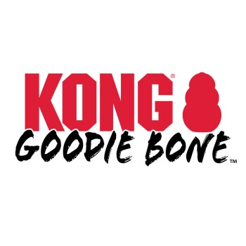 Rotes KONG-Logo mit roter Spielzeugsilhouette und schwarzem Pinselstrich-Text "GOODIE BONE" auf weißem Hintergrund.