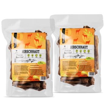 Zwei transparente Beutel mit Hundeleckerlis, beschriftet mit "Hirschhaut", mit Hirschgrafiken, jeder enthält 600g Snacks in Premiumqualität.