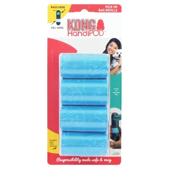 KONG HandiPOD bag refills package featuring four blue rolls of biodegradable bags, with text indicating "Includes 60 degradable bags."
